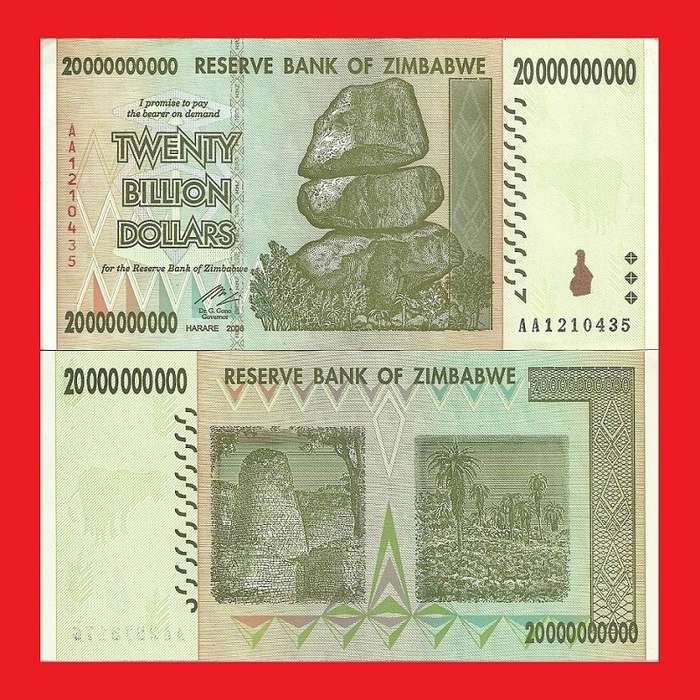 Zimbabwe 20 Billion Dollar Banknotes Serial AA1210435 AU