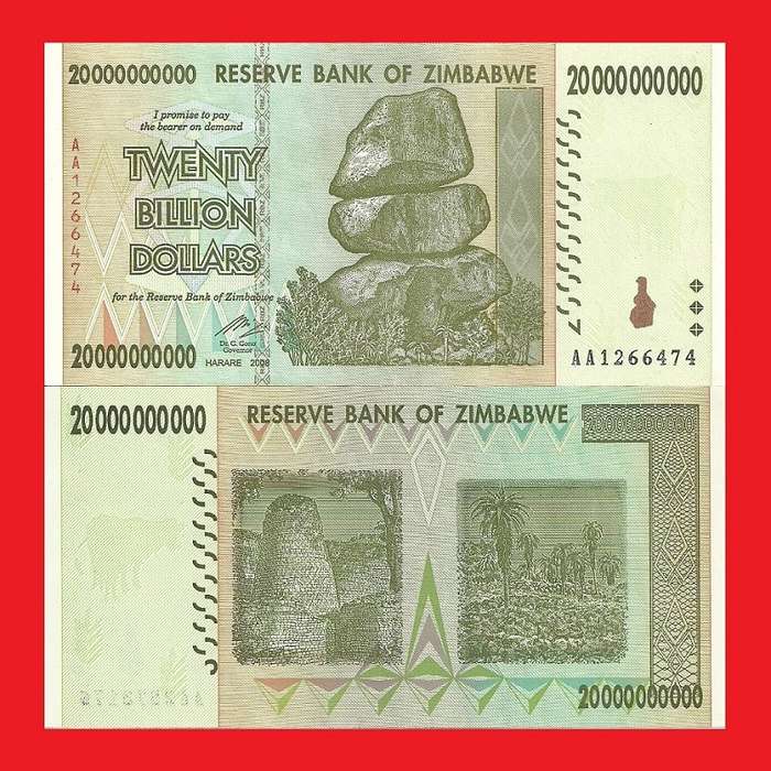 ZIMBABWE 20 Billion Dollar Banknote Serial AA1266474 UNC