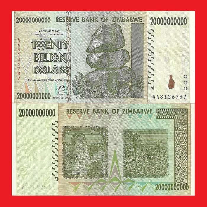Zimbabwe 20 Billion Dollar Banknote Serial AA8126787 UNC