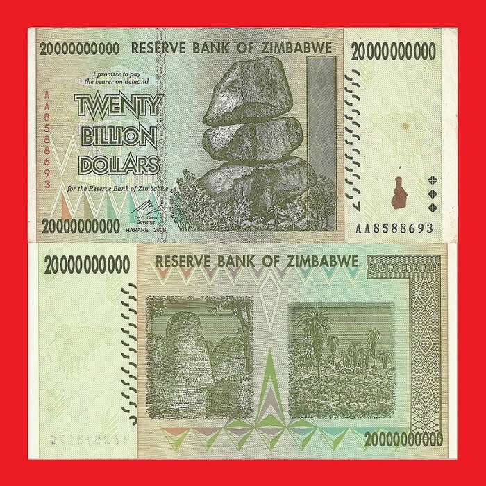ZIMBABWE 20 Billion Dollar Banknote Serial AA8588693