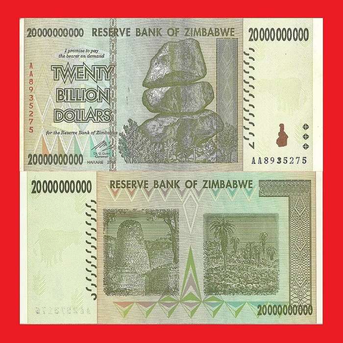 ZIMBABWE 20 Billion Dollar Banknote Serial AA8935275 AU