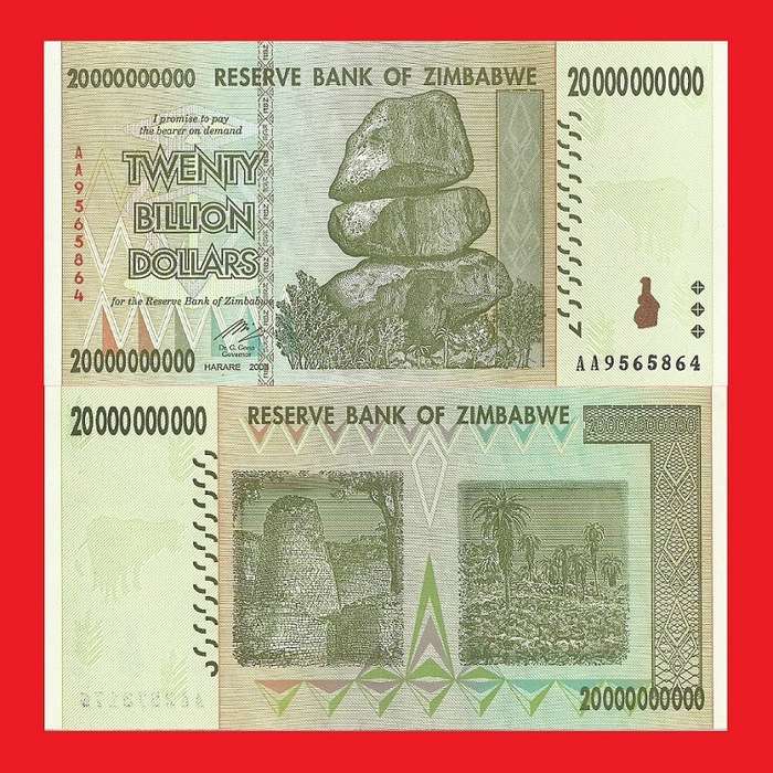 ZIMBABWE 20 Billion Dollar Banknotes Serial AA9565864 UNC