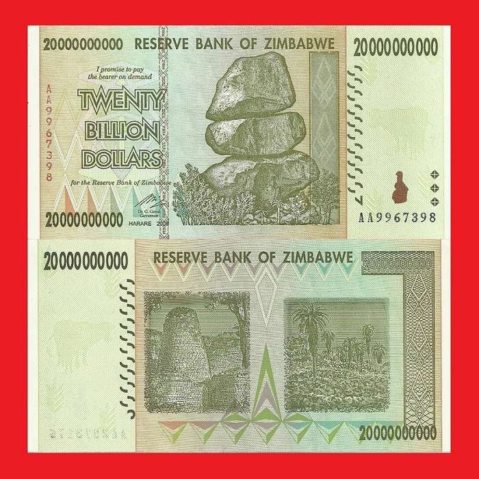 ZIMBABWE 20 Billion Dollar Banknote Serial AA9967398 UNC