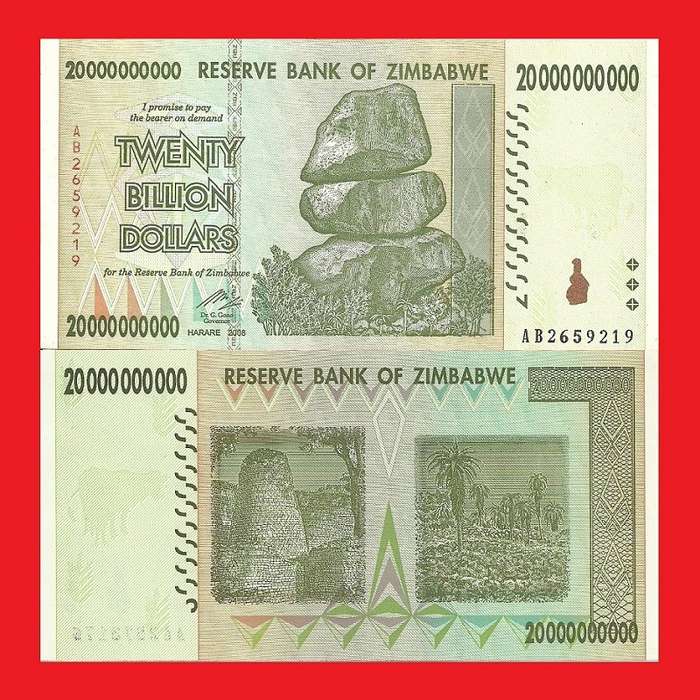 ZIMBABWE 20 Billion Dollar Banknote Serial AB2659219 UNC