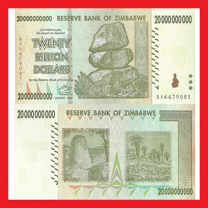 ZIMBABWE 20 Billion Dollar Banknote Serial AA6479081 UNC