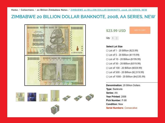 ZIMBABWE 20 Billion Dollar Banknote Serial AA6479081 UNC