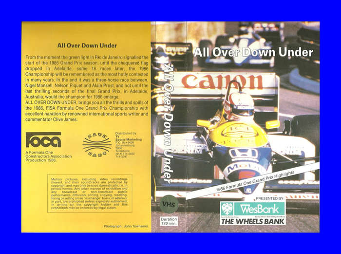 VHS CASSETTE  -  ALL OVER DOWN UNDER (1986 FORMULA ONE GRAND PRIX HIGHLIGHTS)
