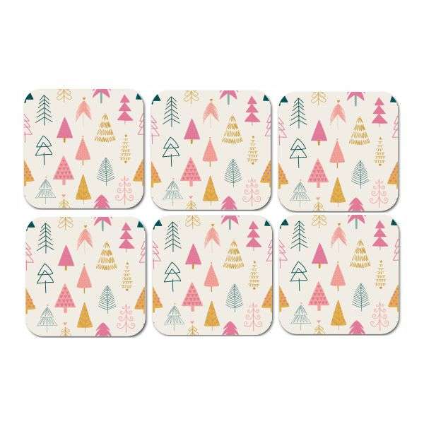 Christmas Table Decor - Set of 6 Coasters - Geometic Christmas Tree Designs