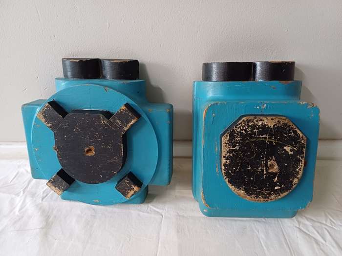 Decor: Pair of Blue 'Rocket Parts'  Vintage Wooden Pattern Moulds