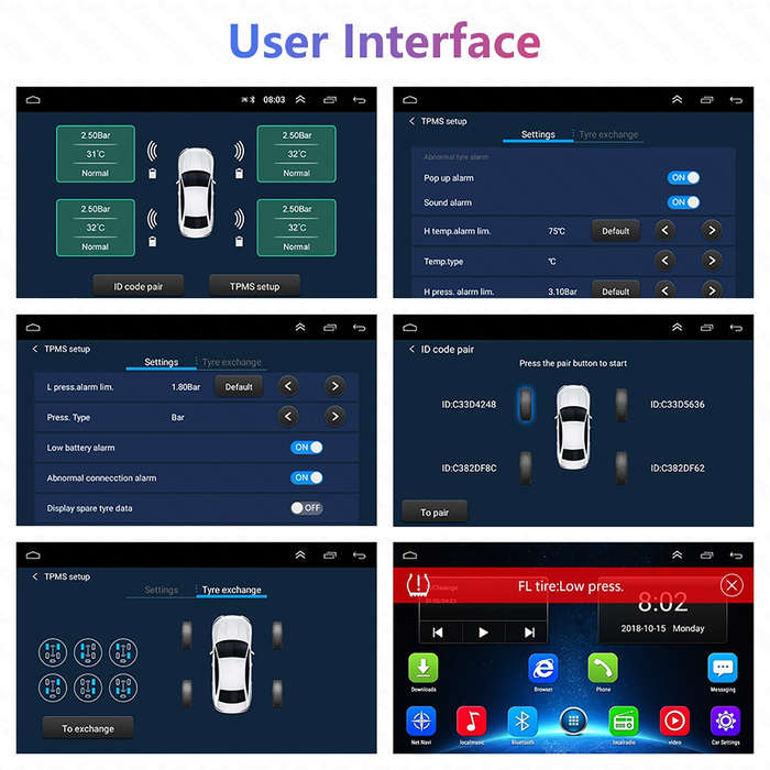 USB Tire Pressure Monitor, 0-8 Bar Car External TPMS for Android Car Radio