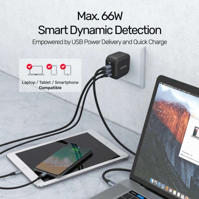 TRAVEL TRI GaN 3 Ports 66W Charger with USB PD and QC 3.0 in Black (Travel Charger)