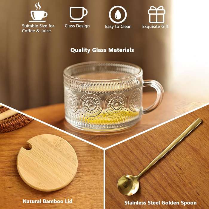 4-Pack Vintage Glass Coffee Mugs with Bamboo Lids & Spoons