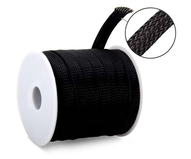 BRAIDED SLEEVING FLAT14 EXP OD=28mm -100m/REEL PET14-BK