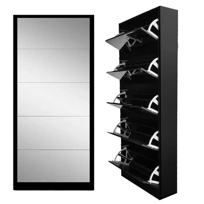 Mirror Shoe Cabinet 5 Tier- Black