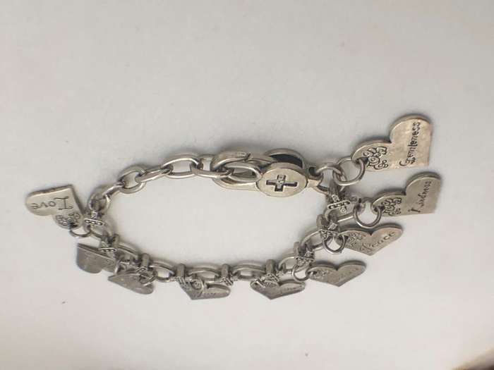 Bracelet - Chain With Heart Charms, Wording on Each Charm, Adjustable Chain. Silver Colour #ML155