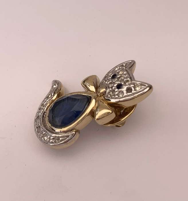 Lapel Pin / Brooch - Cat With Diamante and Tear Shaped Blue Bead. Silver and Gold Colour #ML1006 ...