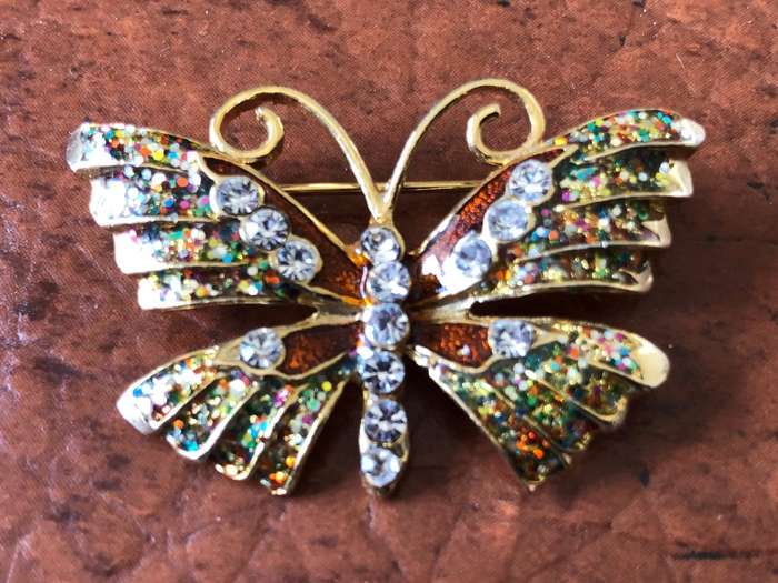 Gold Plated Butterfly Brooch With Bronze, Green And Diamante Stones #ML401 R120.00 | Dimensions: ...