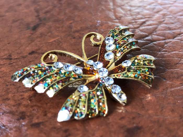 Gold Plated Butterfly Brooch With Bronze, Green And Diamante Stones #ML401 R120.00 | Dimensions: ...