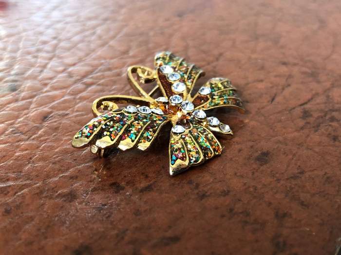 Gold Plated Butterfly Brooch With Bronze, Green And Diamante Stones #ML401 R120.00 | Dimensions: ...