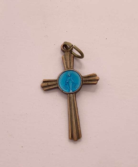 Pendant - Fluted Cross With Blue Insert Of Mother Mary and 12 Stars at Centre. Mary Symbol. Silve...