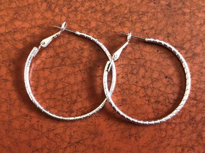 Silver Tone Hoop Earrings With Ribbed Design #ML459 | Dimensions: Diameter is 40mm