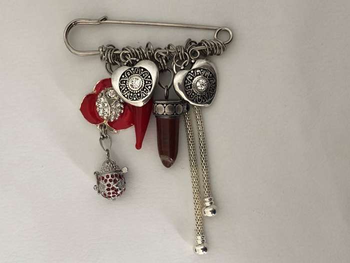 Silver Tone Lapel Pin Brooch With Hanging Charms - Red & Silver Tone Charms #ML481 R250.00 | Dime...