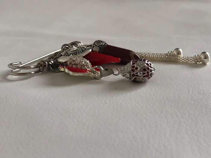 Silver Tone Lapel Pin Brooch With Hanging Charms - Red & Silver Tone Charms #ML481 R250.00 | Dime...