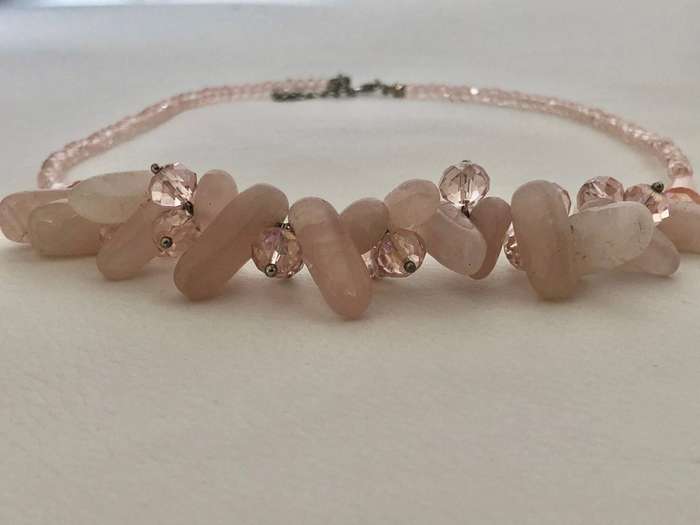 Necklace With Pink Beads With Long Jagged Milky white Stones #ML490 R395.00 | Dimensions: 470mm b...