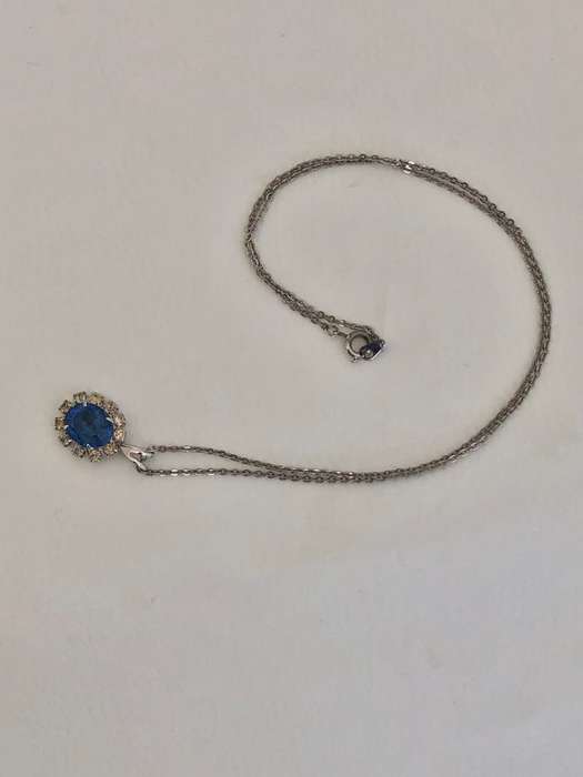 Silver Plated Necklace With Oval Pendant, Blue Stone Surrounded by Diamante, Dainty #ML496 | Dime...