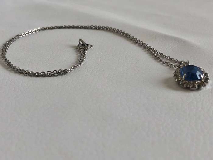 Silver Plated Necklace With Oval Pendant, Blue Stone Surrounded by Diamante, Dainty #ML496 | Dime...