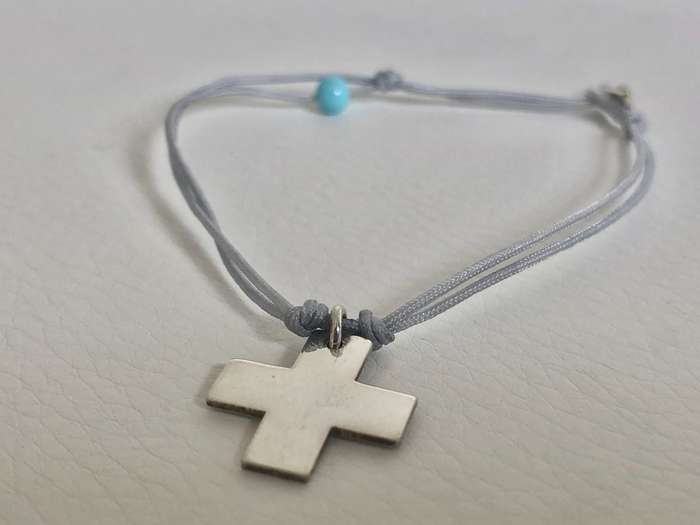 Bracelet - 925 Silver Cross on Blue Cord with Blue Bead #ML527| Dimensions: 180mm
