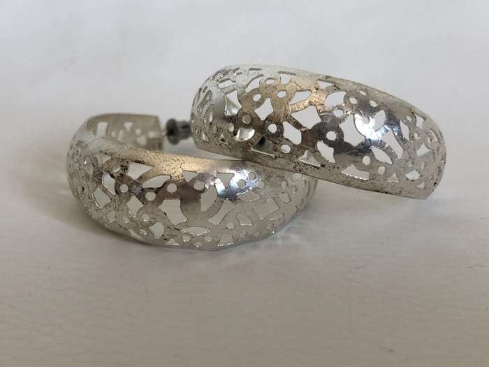 Earrings - Silver Plated Open Hoops. Lace Design, Light Weight #ML539