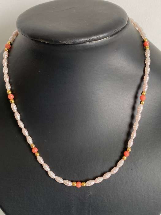 Necklace - String of fresh water pearls, seed pink colour beads with gold colour separators #ML62...