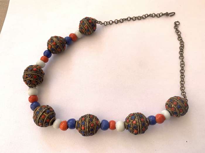 Beaded Necklace With Large Round Metal Baubles With Smaller Red, White and Blue Beads #ML638 R180...