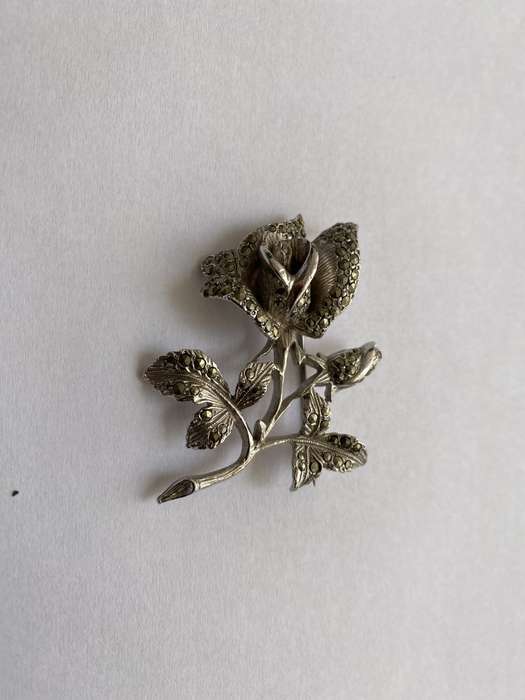 Brooch - Rose Design With Marcasite. Silver Plated #ML648