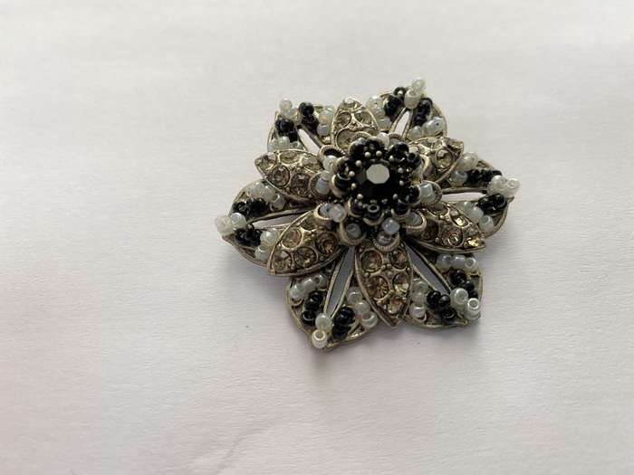 Brooch - Flower With Layers of Diamante and Black and Grey Beads. Silver Colour #ML658