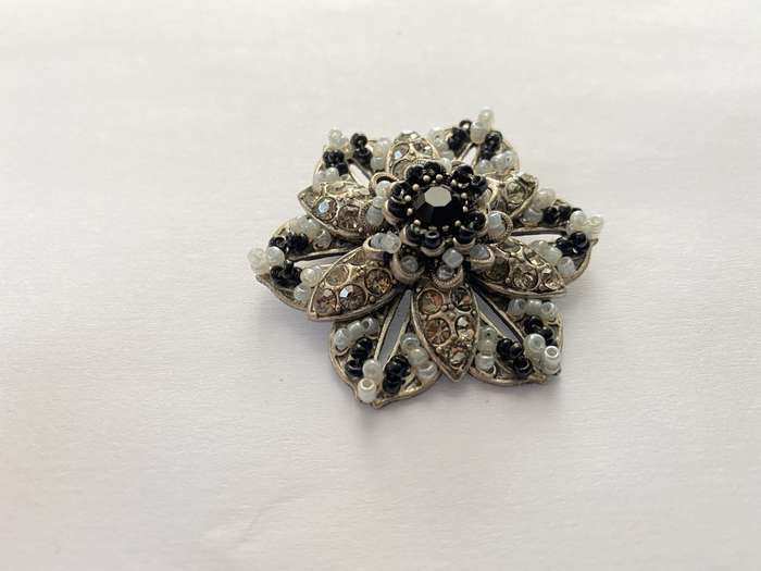 Brooch - Flower With Layers of Diamante and Black and Grey Beads. Silver Colour #ML658