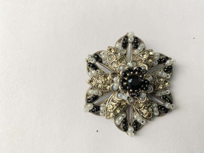 Brooch - Flower With Layers of Diamante and Black and Grey Beads. Silver Colour #ML658
