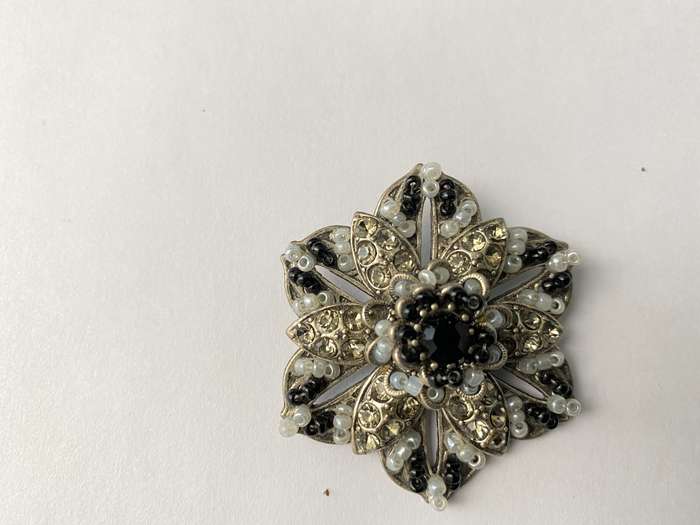 Brooch - Flower With Layers of Diamante and Black and Grey Beads. Silver Colour #ML658
