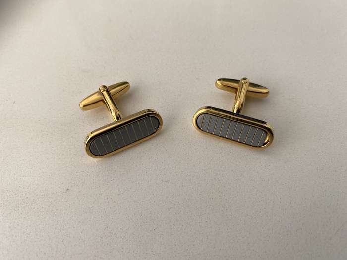 Gold Plated Cuff Links With Grey Slats #ML689 | Dimensions: 25mm x 10mm