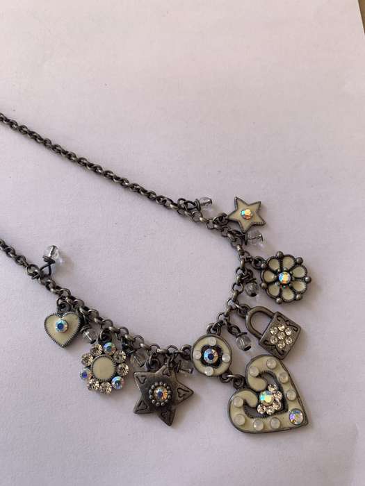 Necklace - Different Shape Pendants Hanging of Rustic Chain - White Beads, Hearts, Stars, Lock, F...