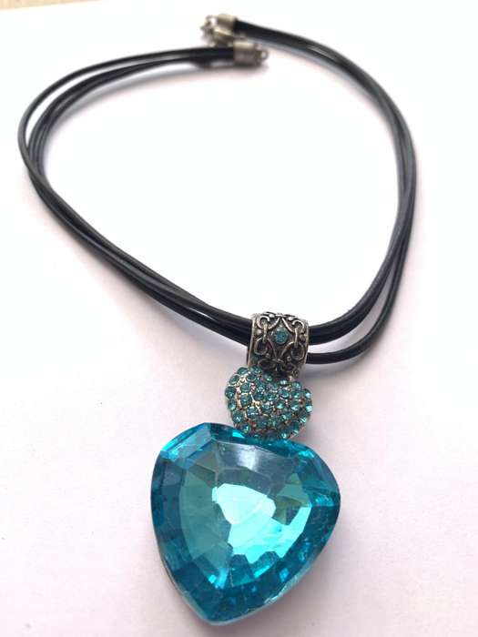 Necklace - Large Silver Tone Aqua Coloured Heart Pendant Suspended from barrel shaped loop, aqua ...