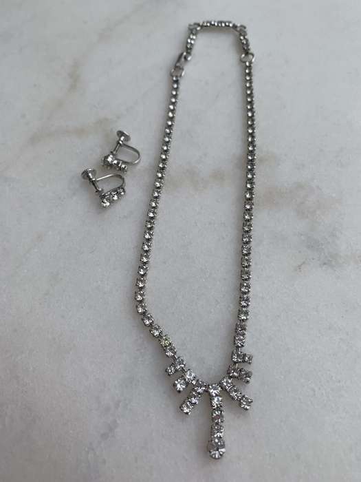 Vintage Set - Sterling Silver Diamante Necklace Stamped Jayflex Sterling With Screw-on Earrings 1...