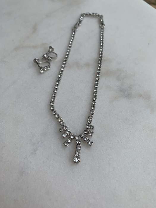 Vintage Set - Sterling Silver Diamante Necklace Stamped Jayflex Sterling With Screw-on Earrings 1...
