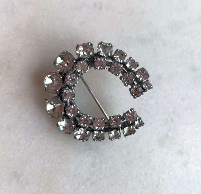 Brooch - Silver Tone Horseshoe Shaped. 2 Rows of Diamante #ML753
