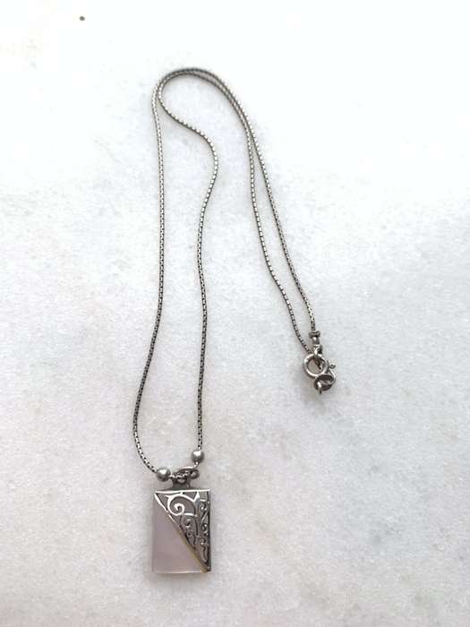 Pendant - 925 Silver Rectangle halved into mother of pearl and patterned. Silver Chain #ML759
