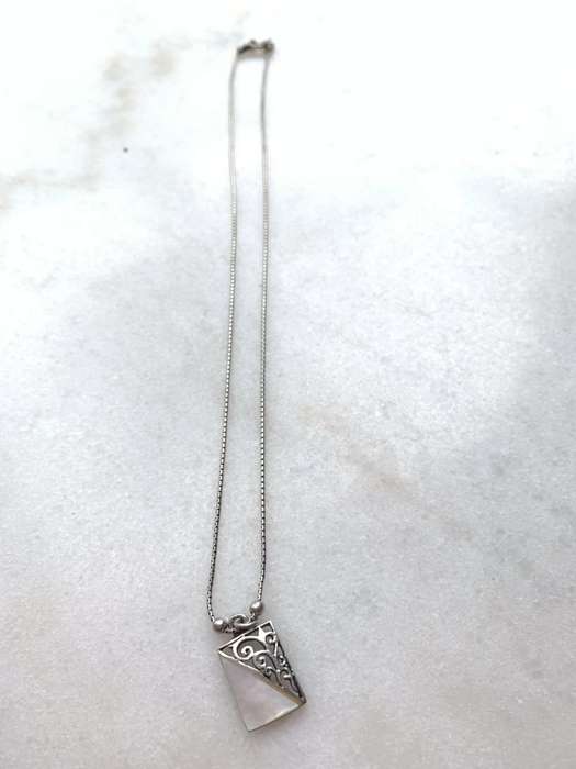 Pendant - 925 Silver Rectangle halved into mother of pearl and patterned. Silver Chain #ML759