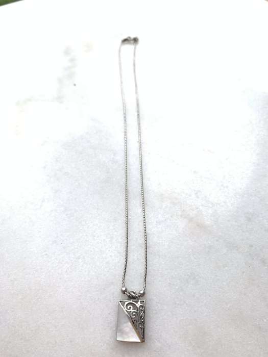 Pendant - 925 Silver Rectangle halved into mother of pearl and patterned. Silver Chain #ML759