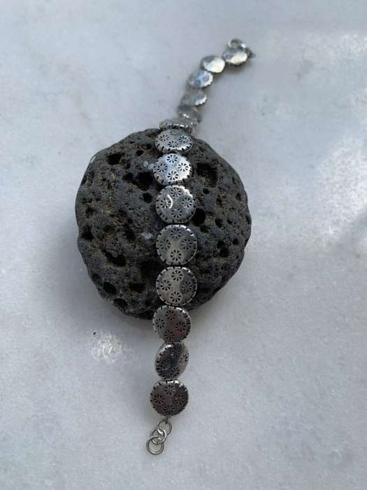 Bracelet With Silver Plated Circles With Fluted Edges & Carved Flowers #ML789| Dimensions: 178mm