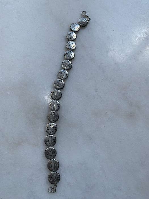 Bracelet With Silver Plated Circles With Fluted Edges & Carved Flowers #ML789| Dimensions: 178mm